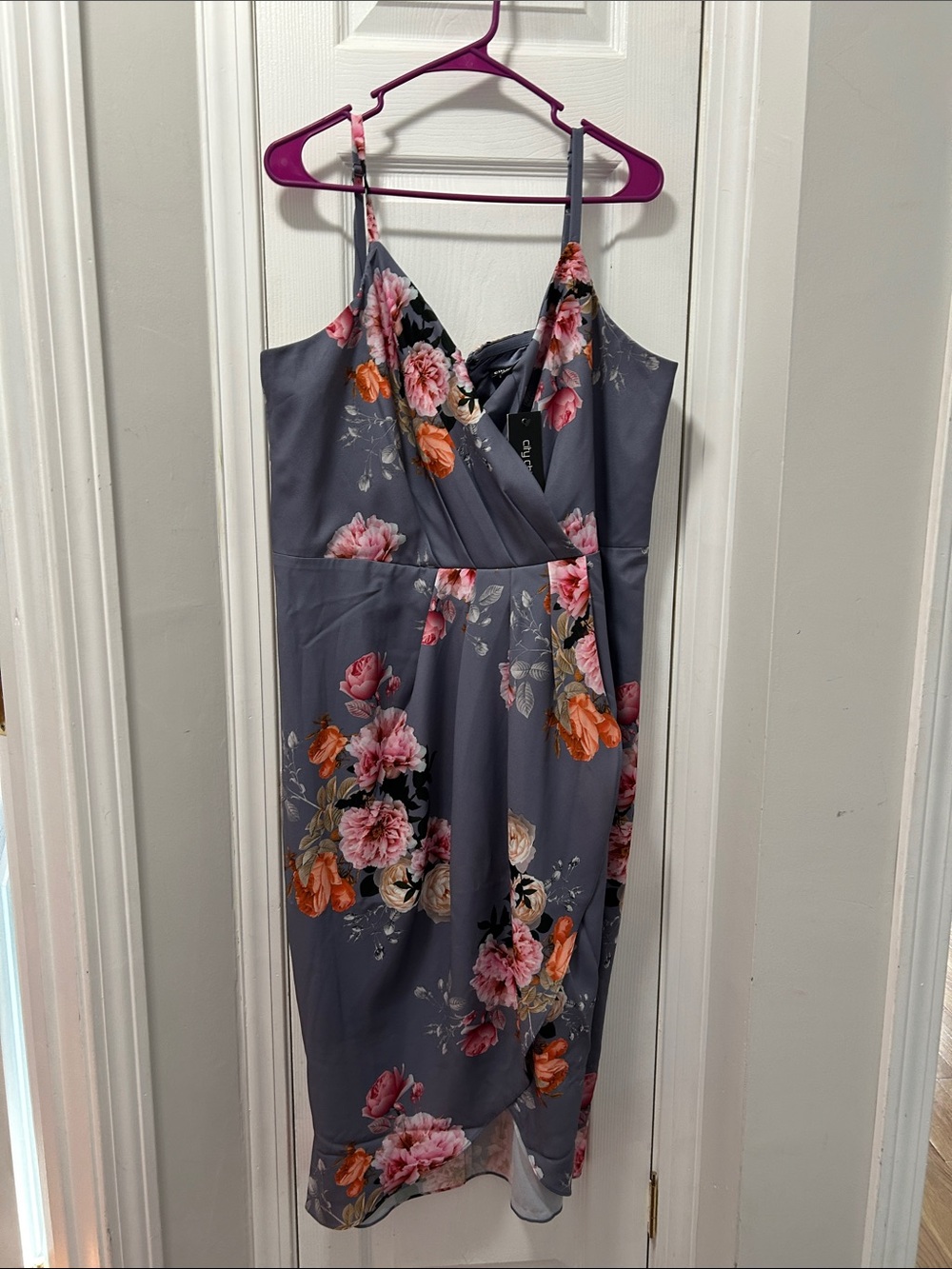City Chic Slate Gray Floral Wrap Midi Dress